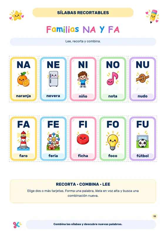 Sílabas recortables de las familias NA y FA
